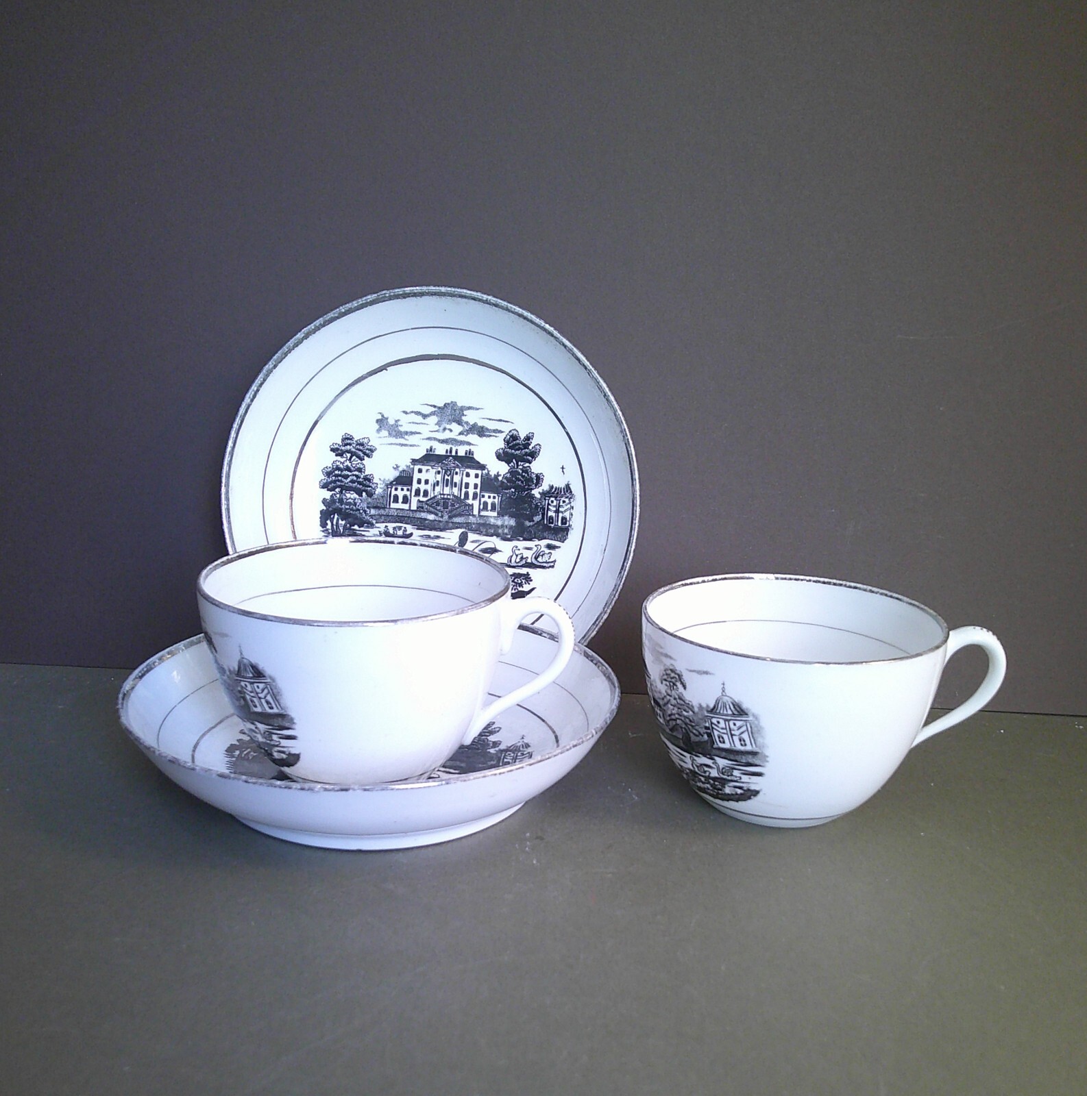 Antique Bat Print Cups and Saucers X 2 . Ref 2bp