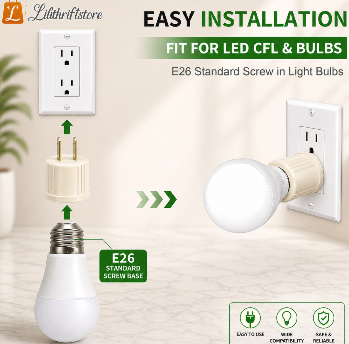 4 Pack E26 Light Socket to Plug Adapter 110V Outlet Converter Bulb Base US