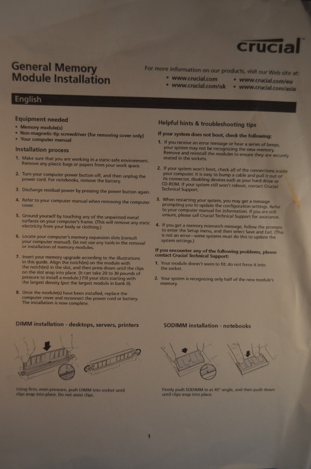 CRUCIAL "GENERAL MEMORY MODULE INSTALLATION" MICRON computer INSTRUCTIONS 2007