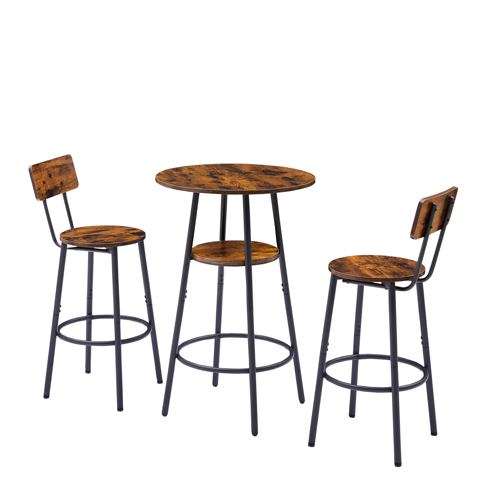 Round bar stool set with shelves, stool with backrest Rustic Brown, 23.6'' Dia