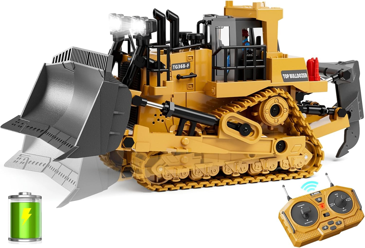 Metal RC Bulldozer Toy for Kids | 9-Channel Remote Control Track-Type Tractor wi