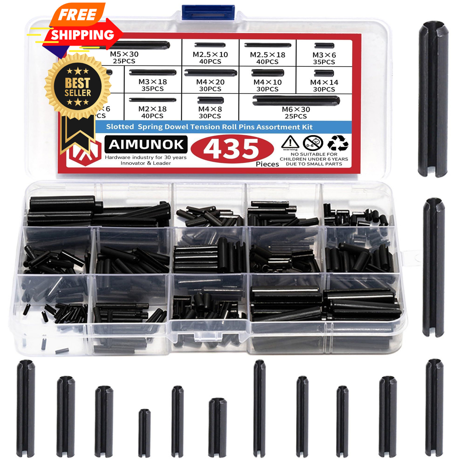 AIMUNOK 435-Piece Roll Pin Assortment Kit 435 pieces Metric Pins, Black