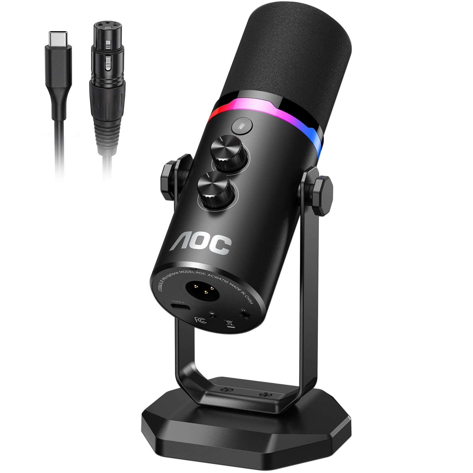 AOC Dynamic Microphone,PC Gaming Mic with RGB Light,USB/XLR Podcast Black