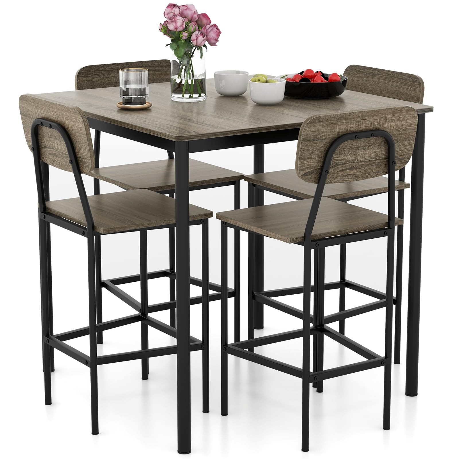 5-Piece Dining Table Set W/Counter Height Table & 4 Bar Stools, Modern Kitche...