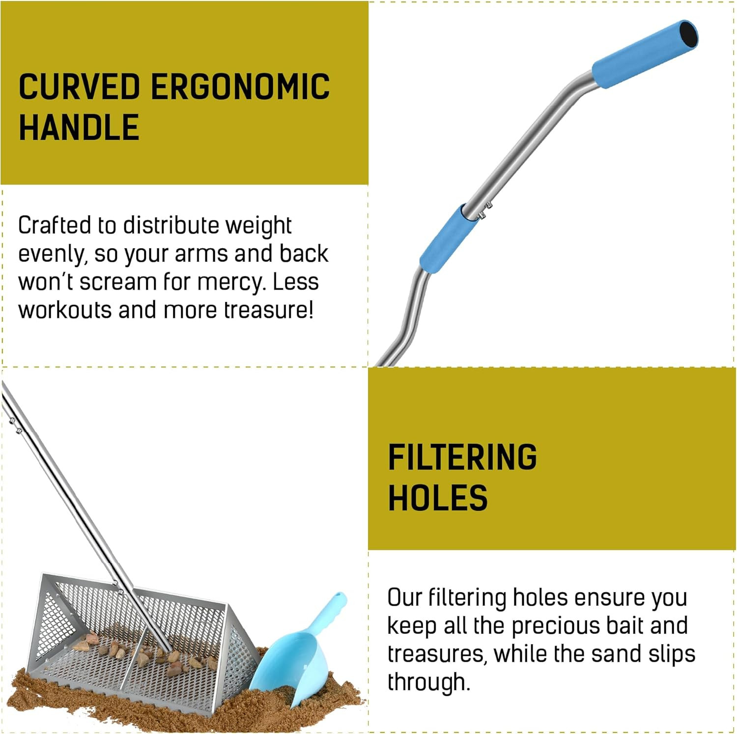 Heavy Duty 52" Sand Flea Rake with 16" Basket & Ergonomic Handle