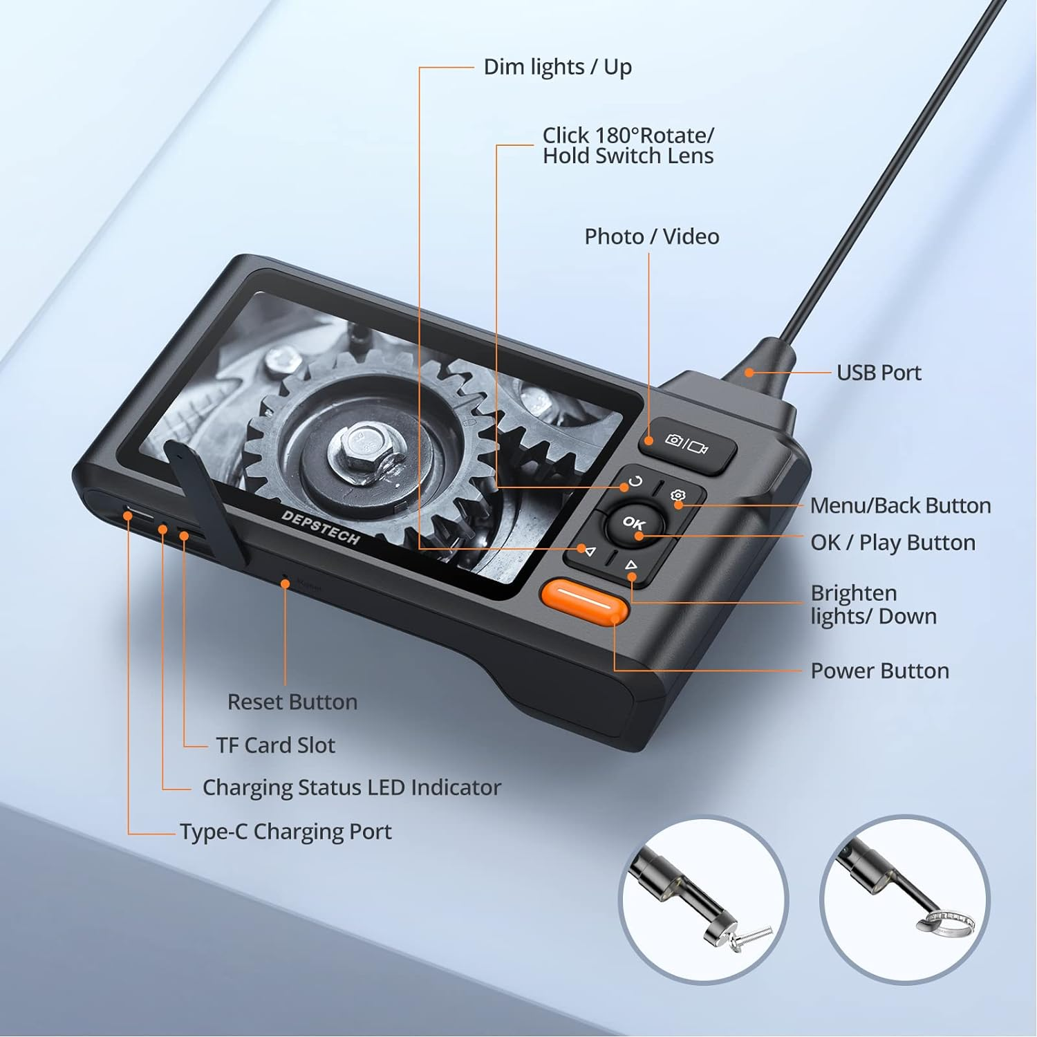 Triple Len Borescope Inspection Camera 5" IPS Screen Endoscope Camera with Light