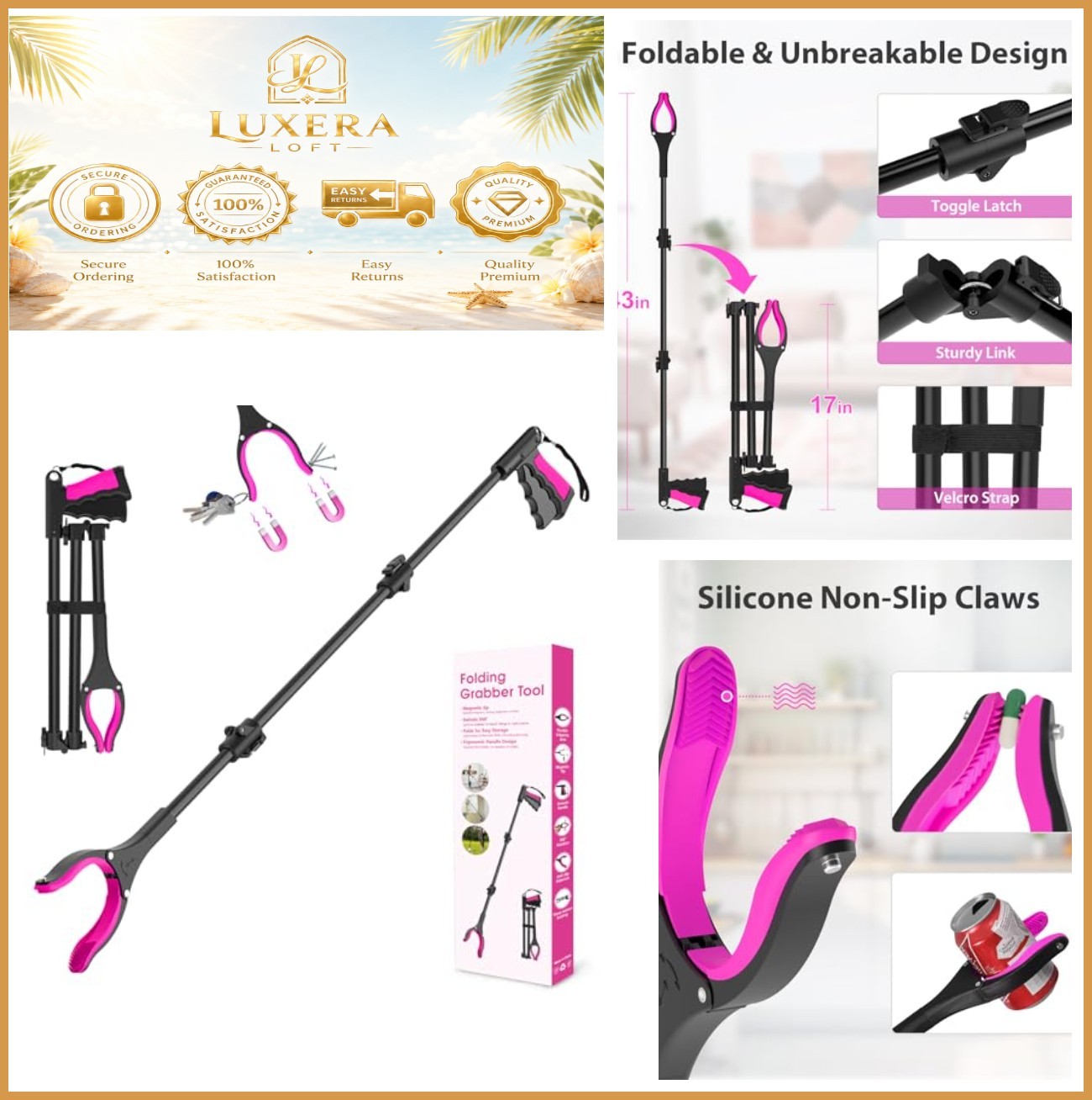 Grabber Reacher Tool 43 Inch Foldable Pink 360 Rotating Jaw Two Magnets