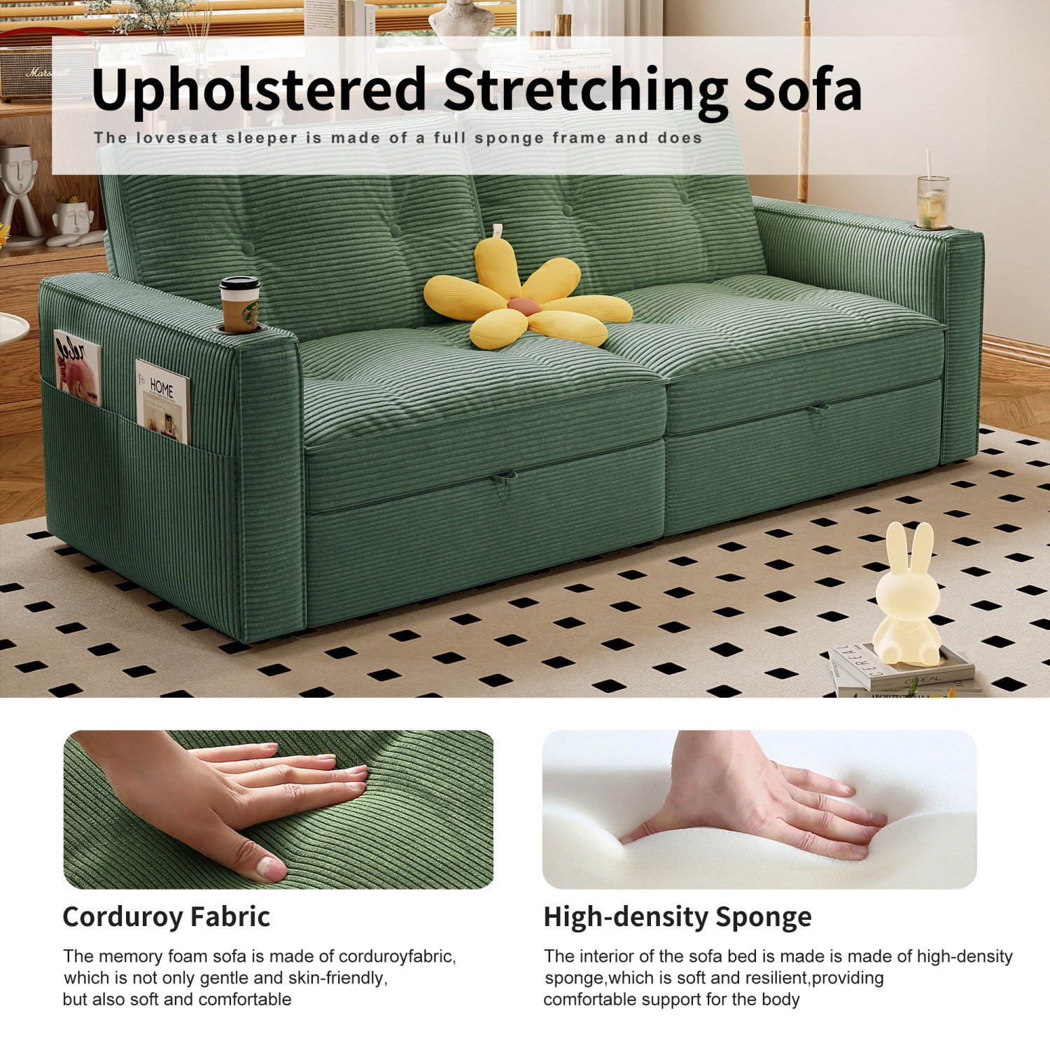 Modern Reclining Loveseat 2in1 Folding Sofa Bed w/ Cup Holders for Small Space