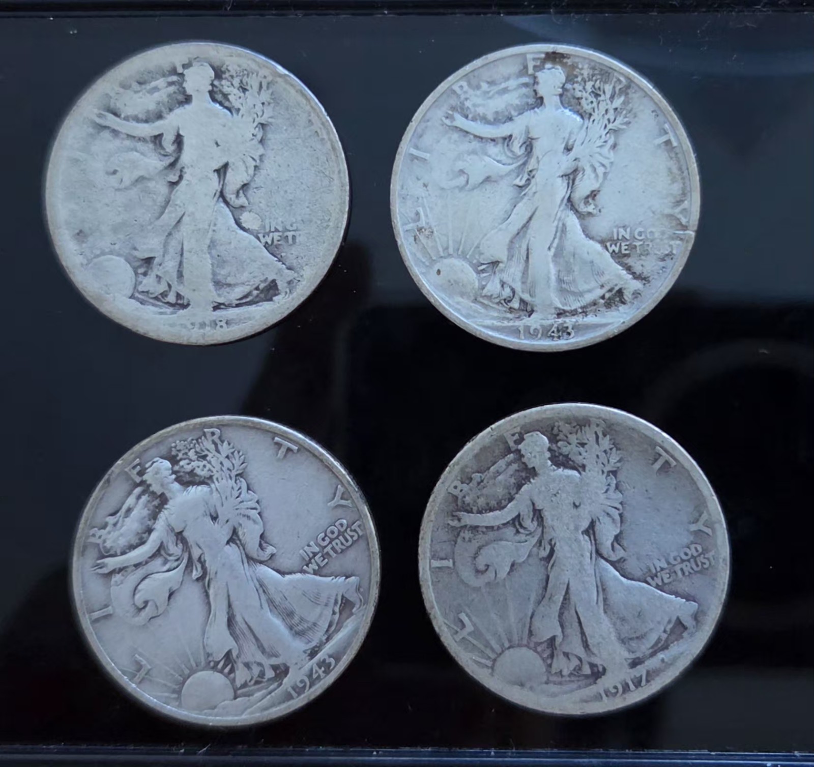 Lot Of 4 Walking Liberty Silver Coins 90% Silver, 1917S, 1918S, 1943S, 1943S
