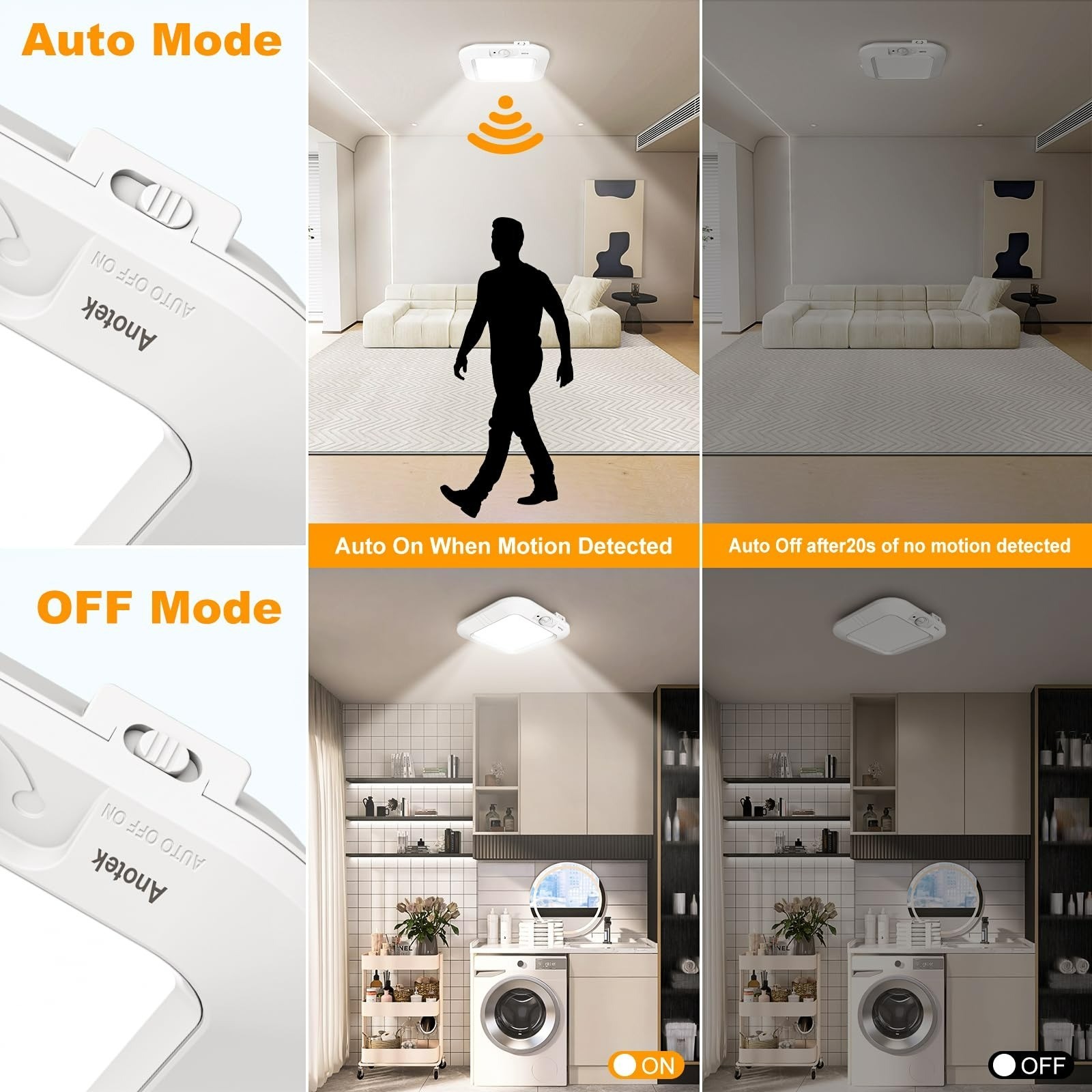 ANOTEK Motion Sensor Ceiling Light 2-Pack Battery Operated Indoor