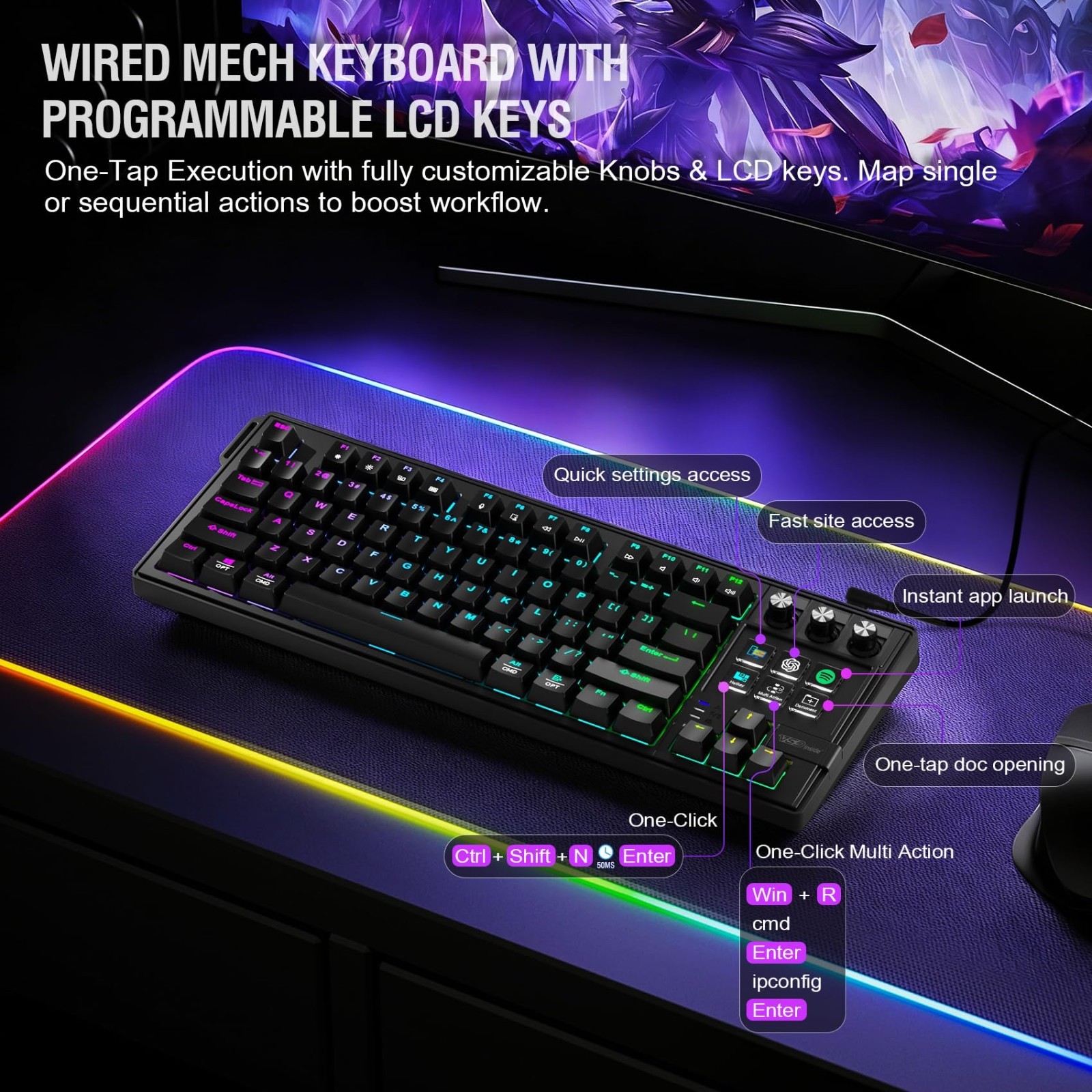 Full-Key Programmable Macro Keyboard - Wired Mechanical Gaming Keypad, RGB Backl