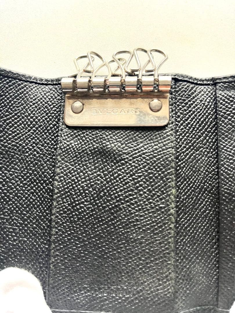 BVLGARI 6 Key Holder Black Leather Logo Ring Italy Wallet Case