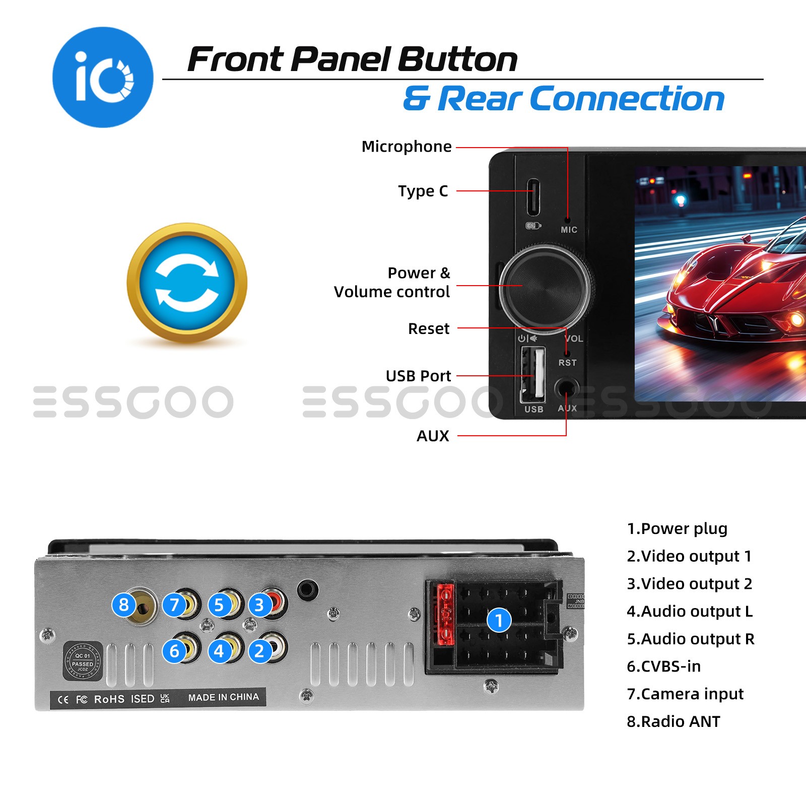 6.36" Single Din Car Stereo Wireless CarPlay Android Auto Radio Bluetooth MP5 FM