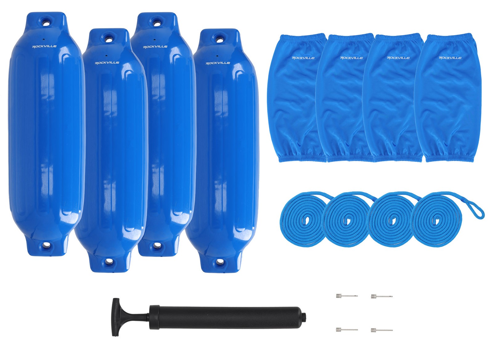 Rockville FEN485-BLUE Boat Fender Package 4 Bumpers 8.5"x27", 4 Covers, 4 Lines