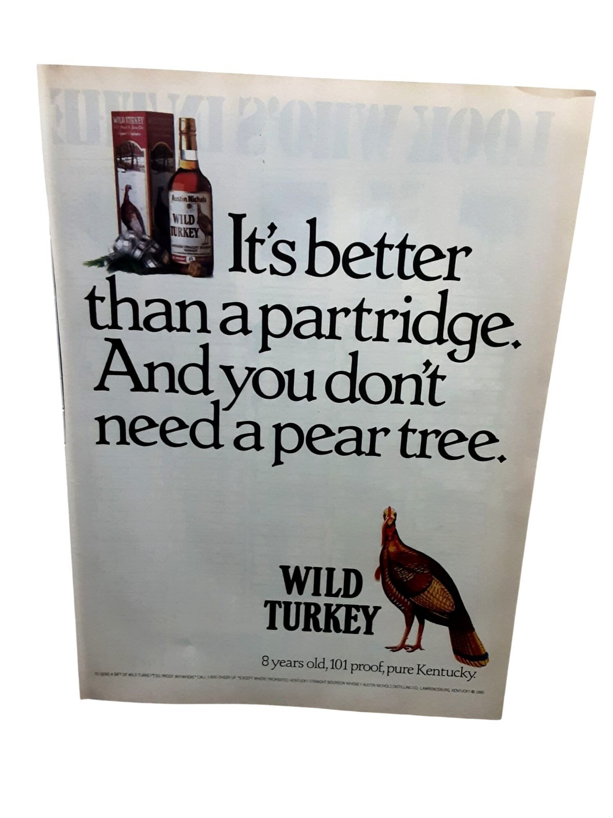 1986 Wild Turkey Bourbon Whiskey Vintage Advertising Print Ad 101 Proof