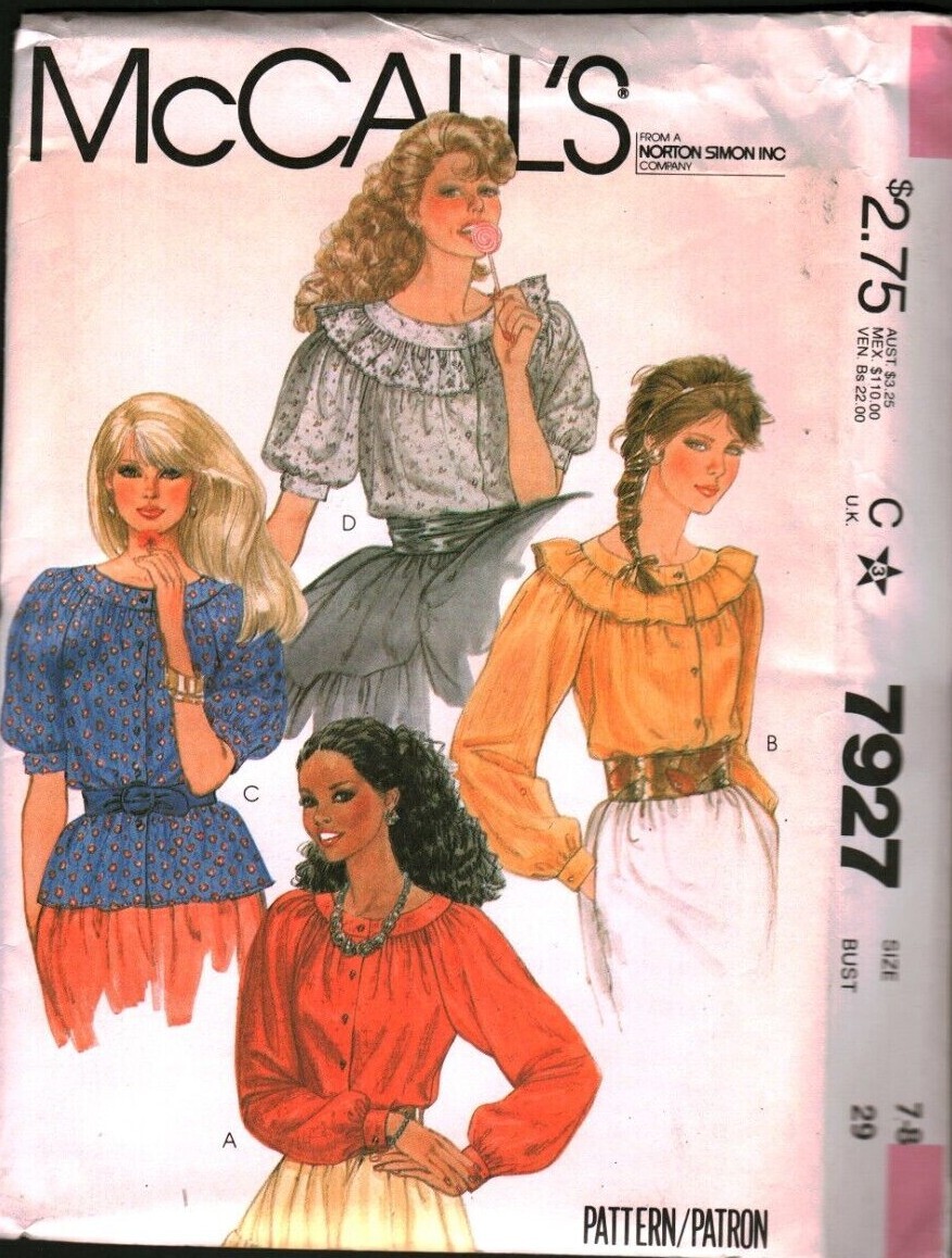 7927 Vintage McCalls SEWING Pattern Misses 1980s Buttoned Front Top Shirt UNCUT
