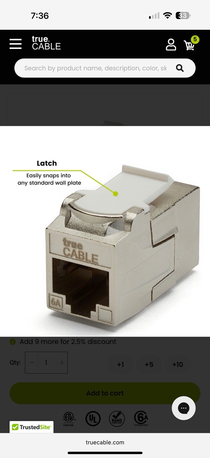True Cable Cat6A Shielded Keystone Coupler | 12 Pieces