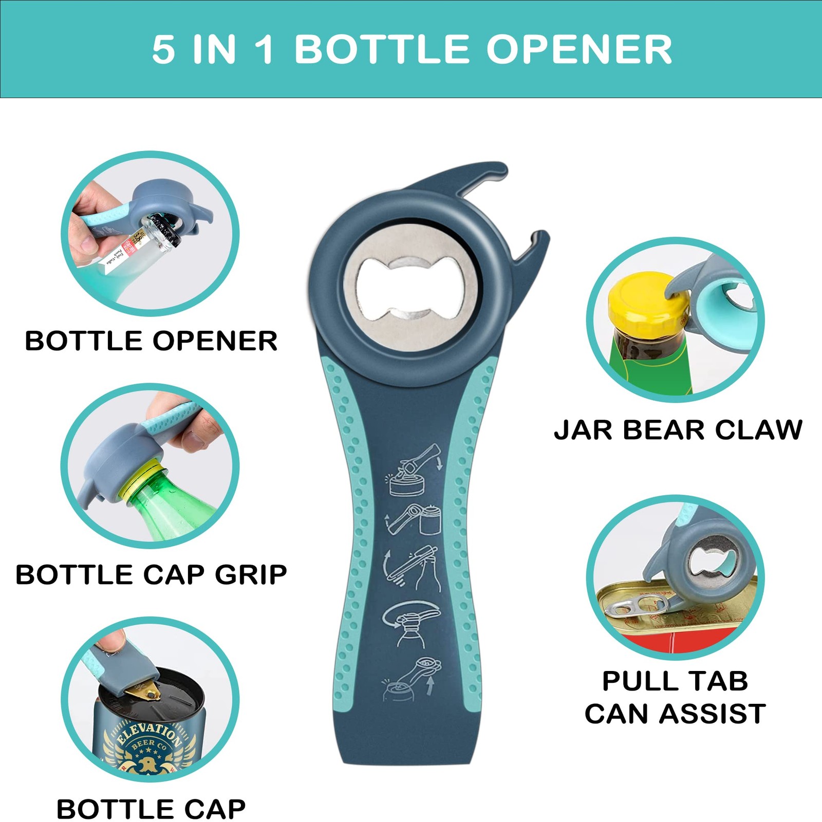 Jar Opener for Weak Hands Seniors with Arthritis 5 in 1 Multi Function Bottle
