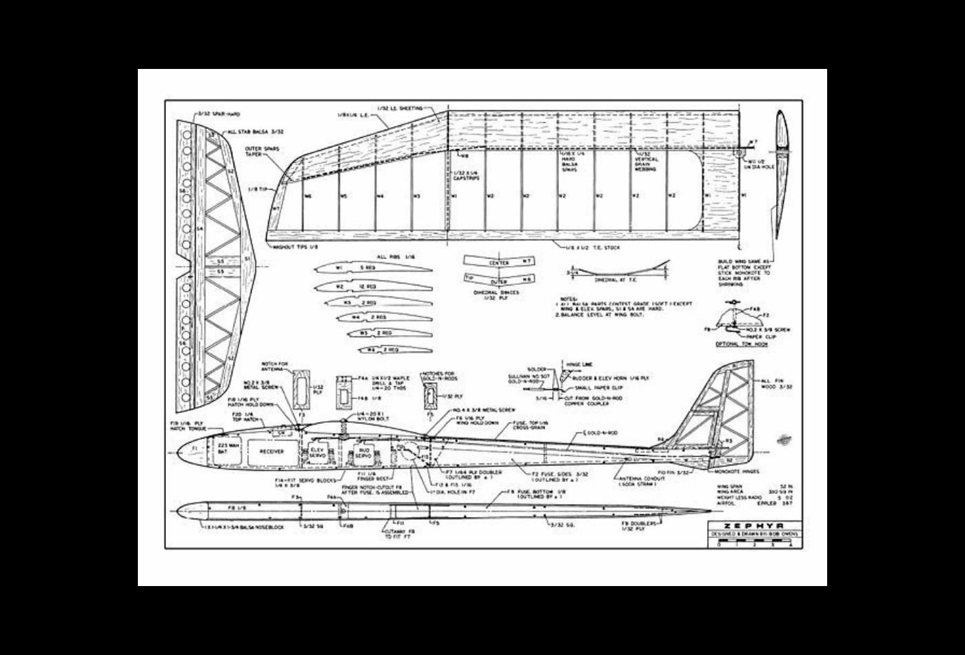 Printed RC plans & Patterns Hand Launch ZEPHYR SAILPLANE Span 52"