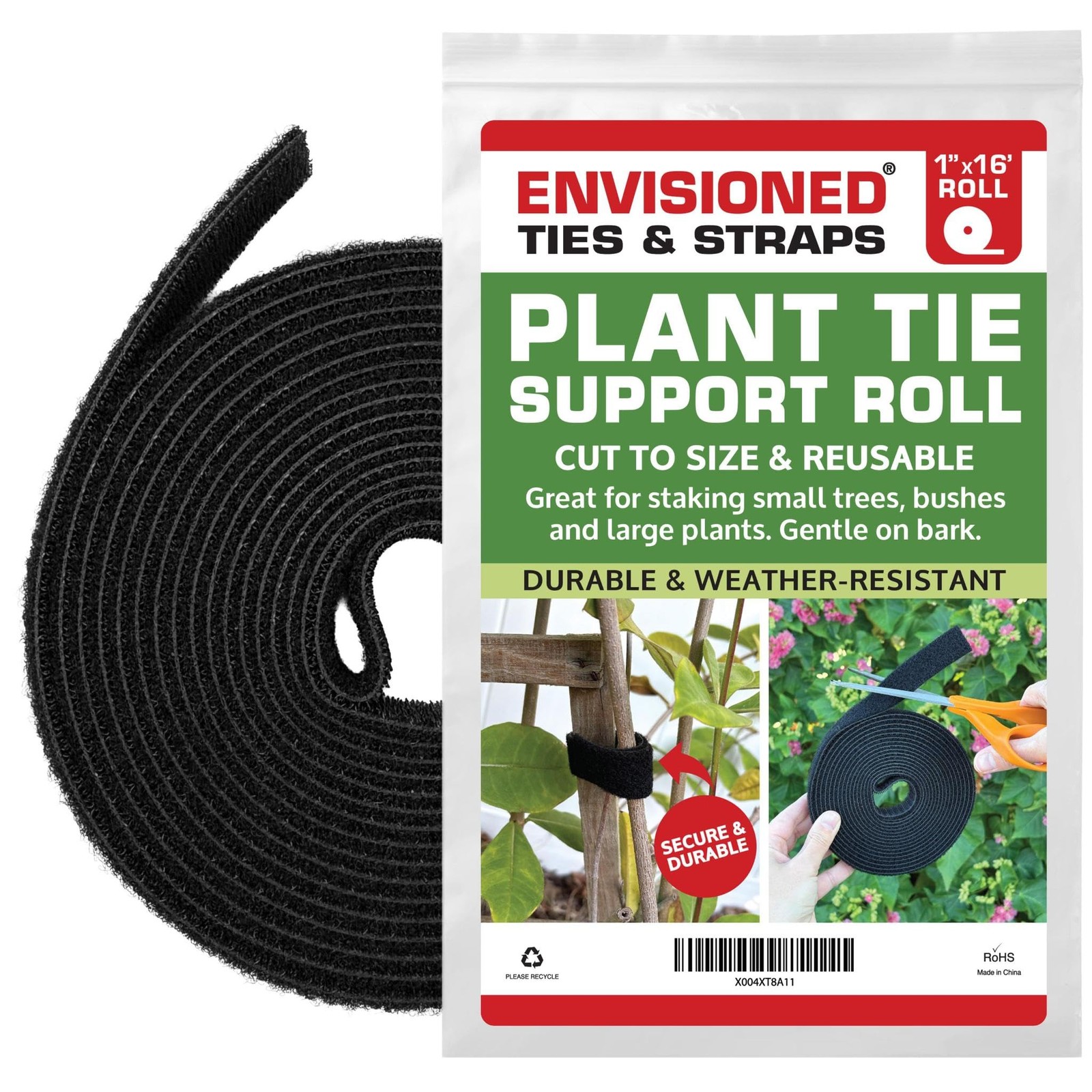 Reusable Hook & Loop Garden Plant Tie Strong Grip Fastener Roll 1" x 16' (1" ...