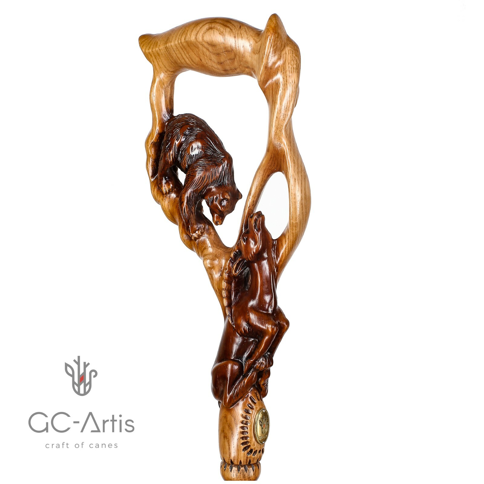 Luxury Walking Stick Cane Staff Wooden Hand Carved Crafted Bear & Gazelle mens
