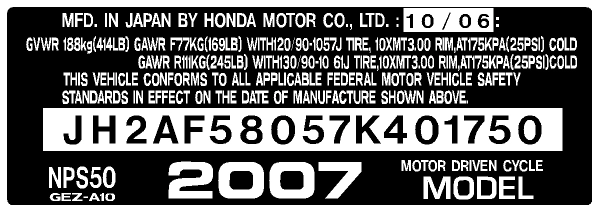 HONDA NPS50  HEADTUBE TAG  / REPRO DECAL  RUCKUS