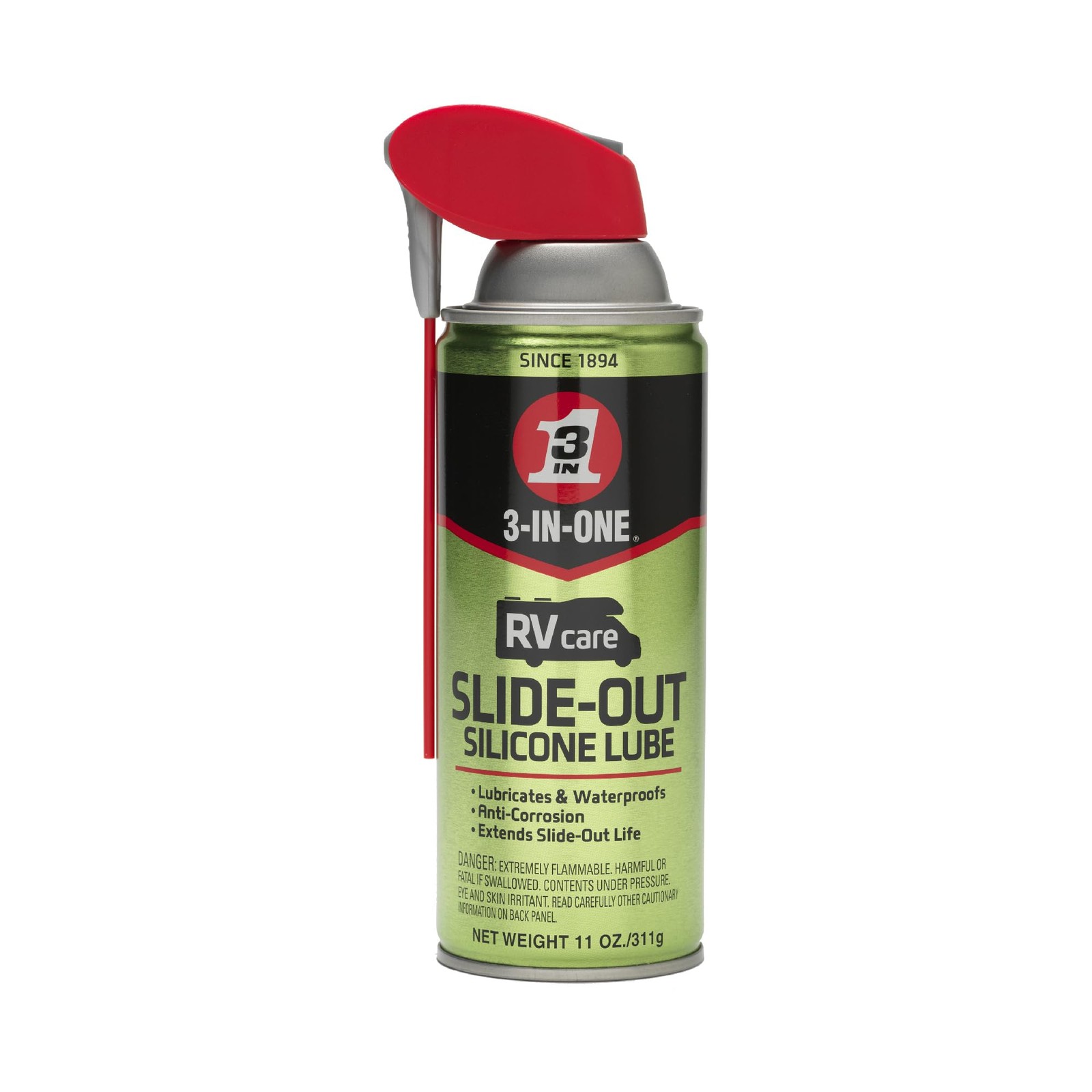 3-IN-ONE RVcare Slide-Out Silicone Lube with Smart Straw Sprays 11 OZ, Silver
