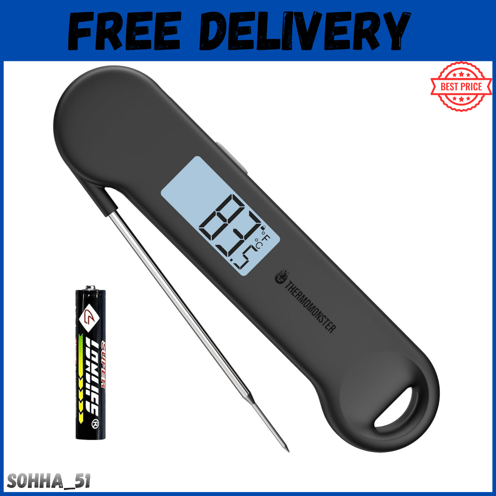 Instant Read Grill Meat Thermometer, 0.5 Sec Digital BBQ Cooking Tool, Black