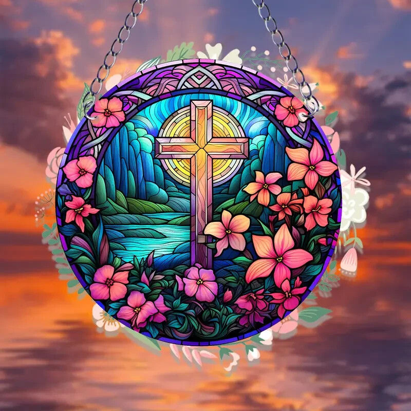 Cross Surrounded By Pink Flowers Suncatcher Double Sided Round Acrylic Decor