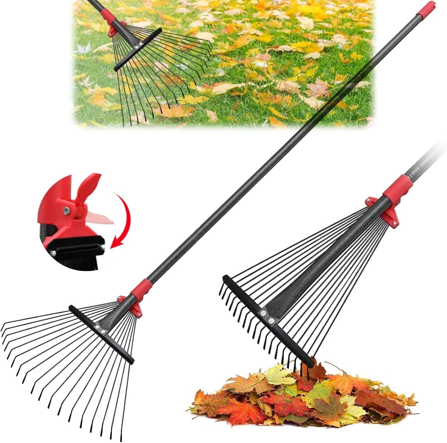 76 Inch Rake for Leaves, Adjustable 18 Metal Tines with Expandable Head Garde...