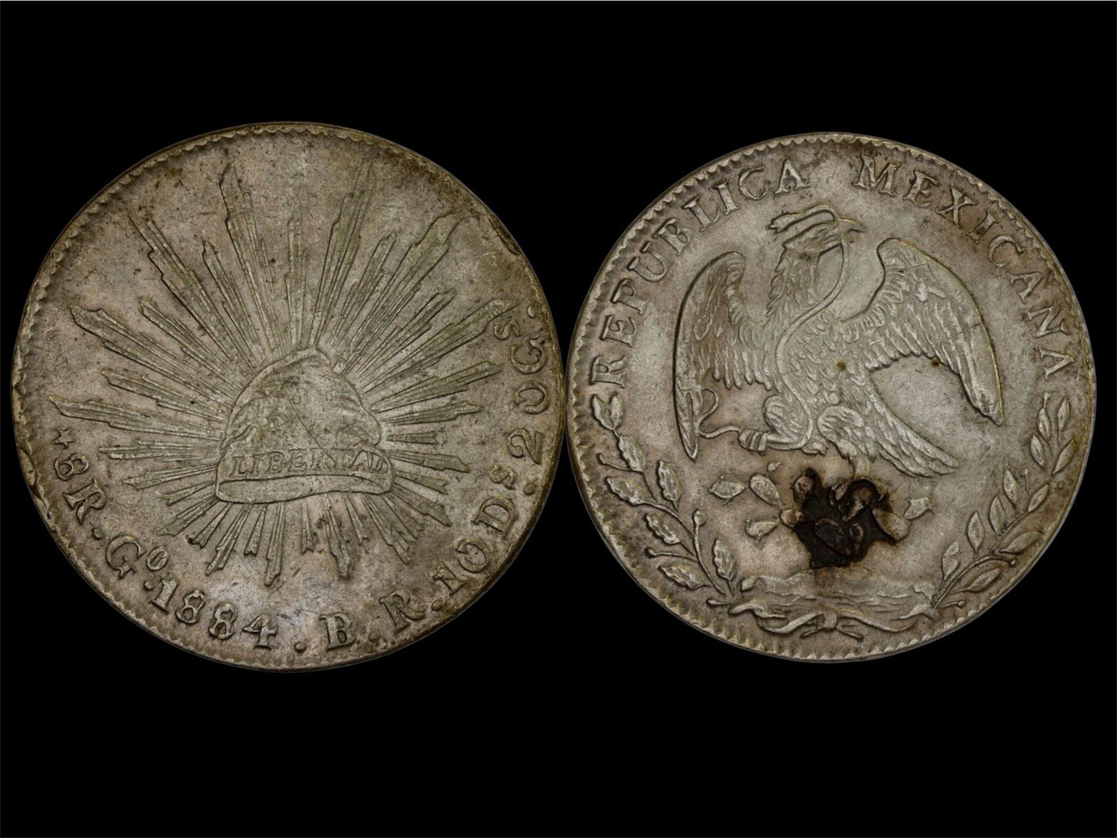 México 8 R- Guanajuato  1884/74 Overdate Rare  Silver AU -Toning ex Bob Gurney