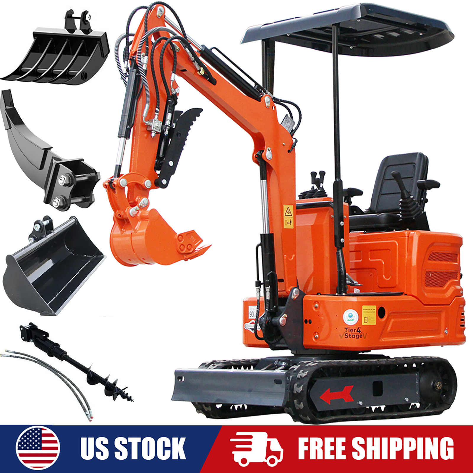 1Ton Mini Excavator B&S Gas 13.5HP Crawler Digger Hydraulic Thumb +4 Attachments