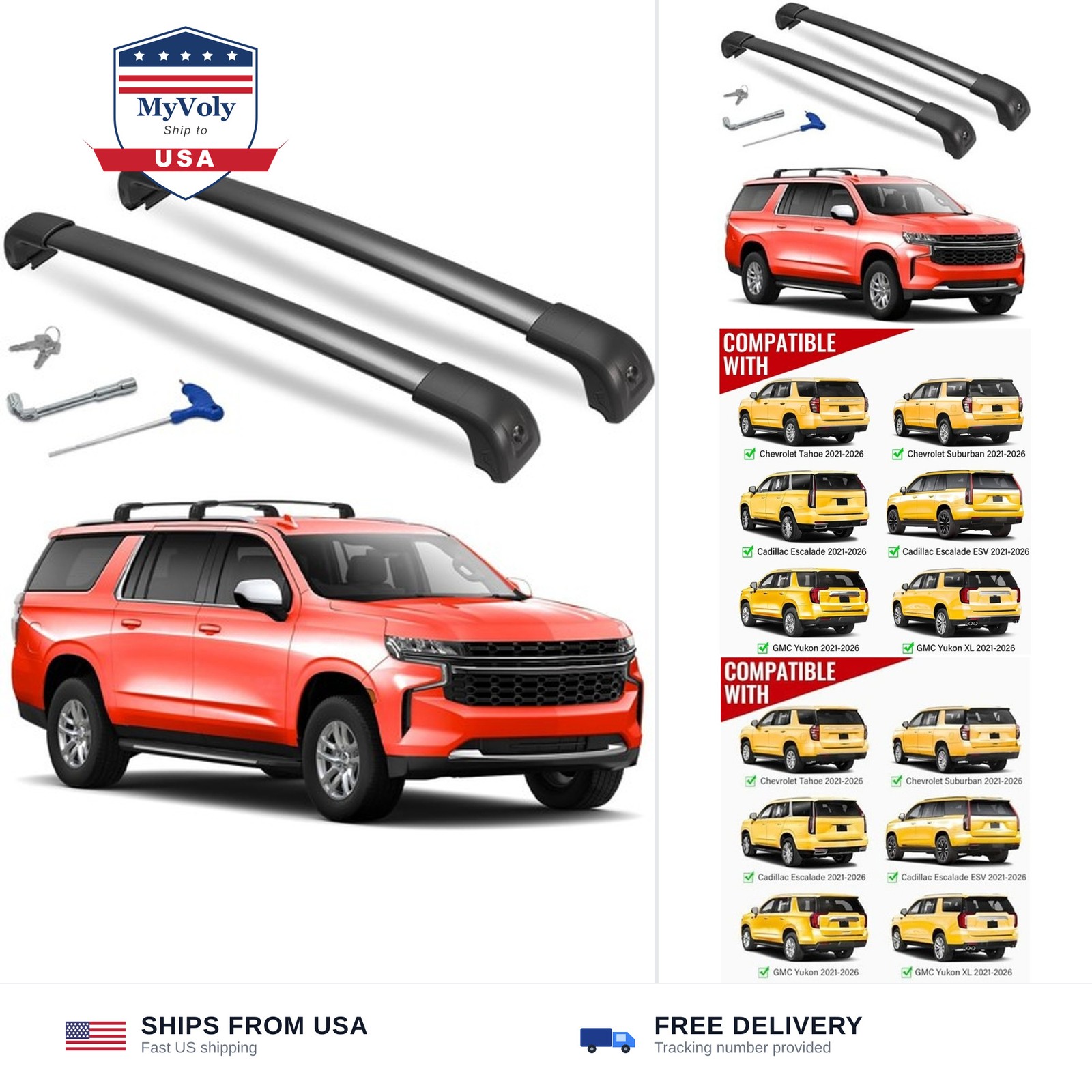 330lbs Lockable Roof Rack Cross Bars Compatible with 2021-2026 Chevrolet Chev...