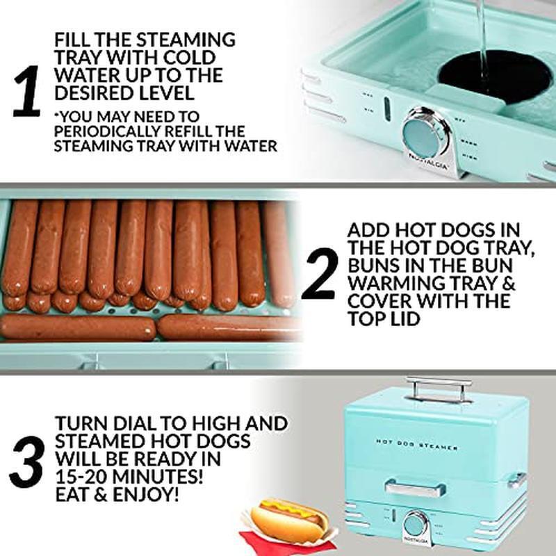 20 Hot Dogs 6 Bun Diner-Style Steamer Cooker Breakfast Sausages Brats Fish Aqua