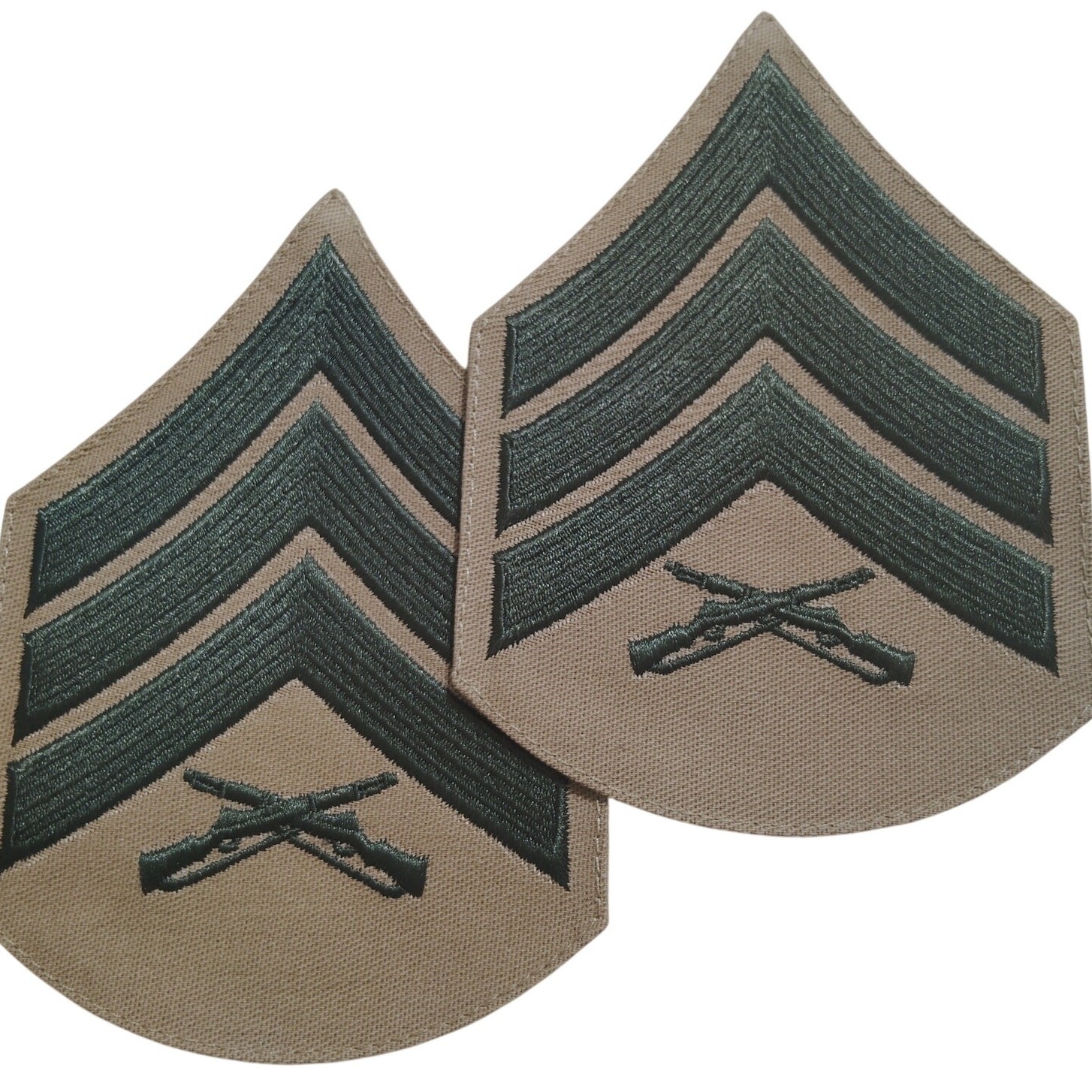USMC Sergeant E‑5 Chevrons – Green on Khaki – Pair – 5‑1/4" × 3‑5/8"