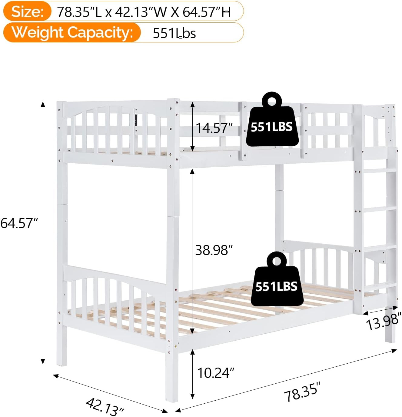 Bunk Bed Frame with Ladder for Kids Easy Assembly No Box Spring Needed White