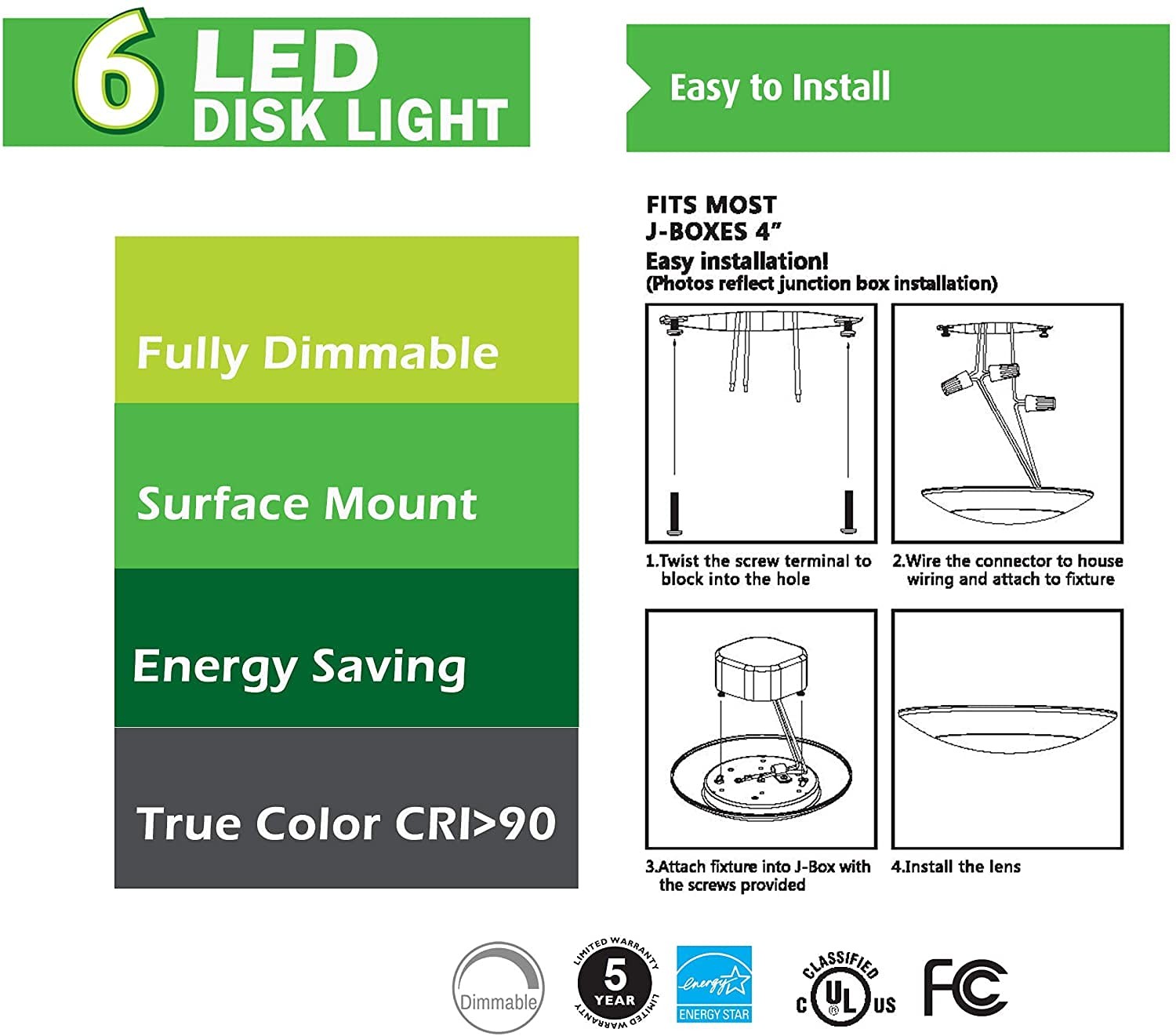 Lunabode LED 7.5" Flush Mount Ceiling Light, 4/6" J-Box, 5000k | Bright White