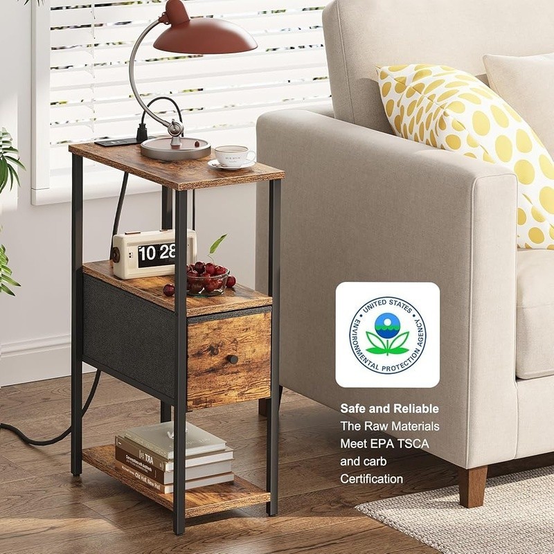 End Table Charging Station Nightstand USB Type C Fabric Drawer Storage Shelves