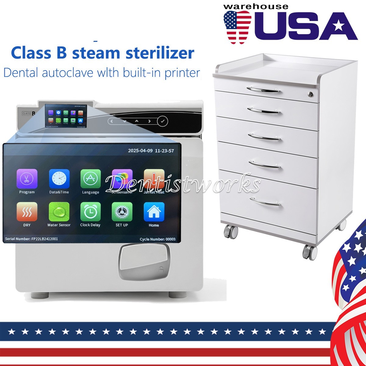 22L Dental Autoclave Steam Sterilizer Class B+Printer /Mobile Cabinet Cart Stand
