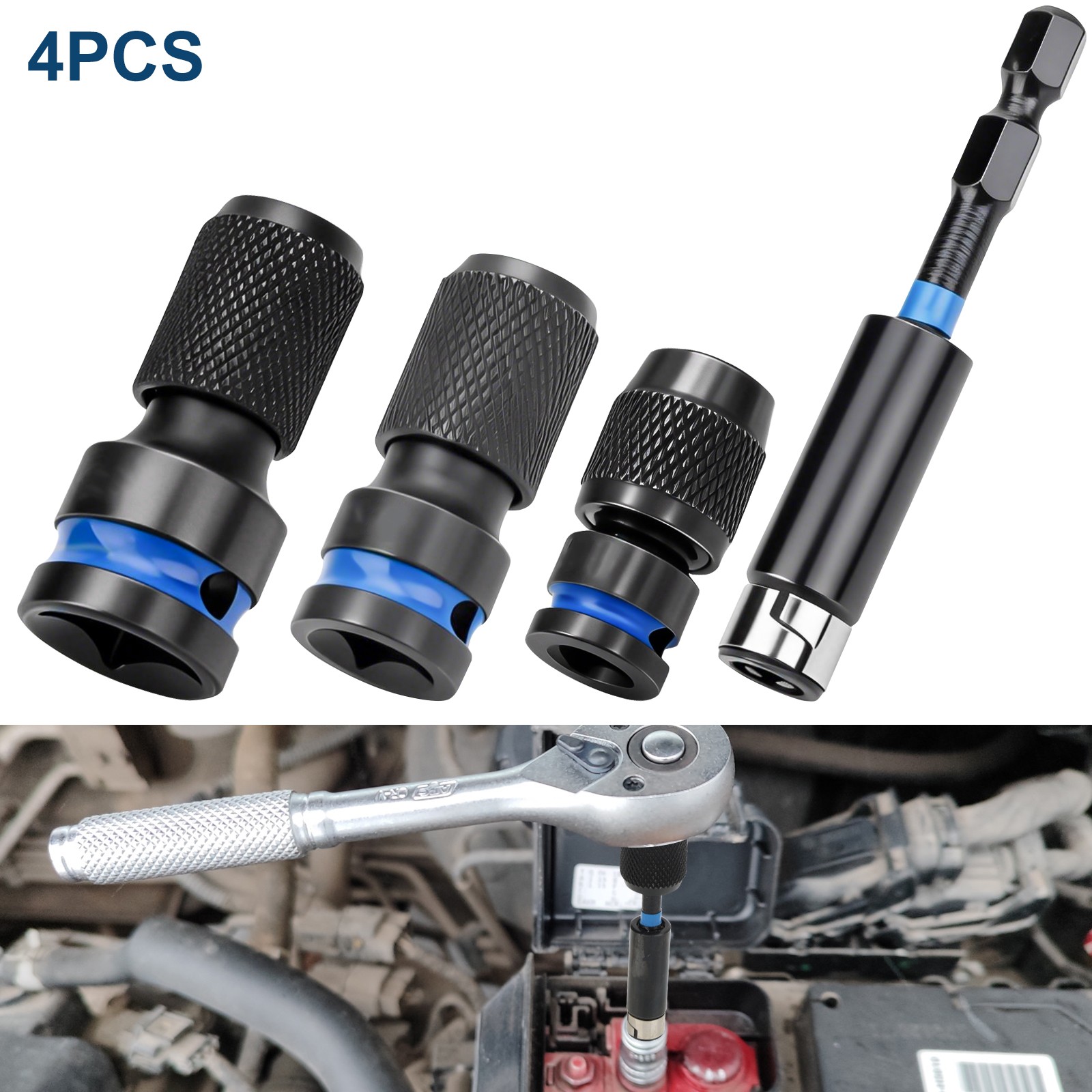 4Pcs 1/4 3/8 1/2" to 1/4" Hex Air Impact Socket Adapter Kit for Ratchet Wrenches