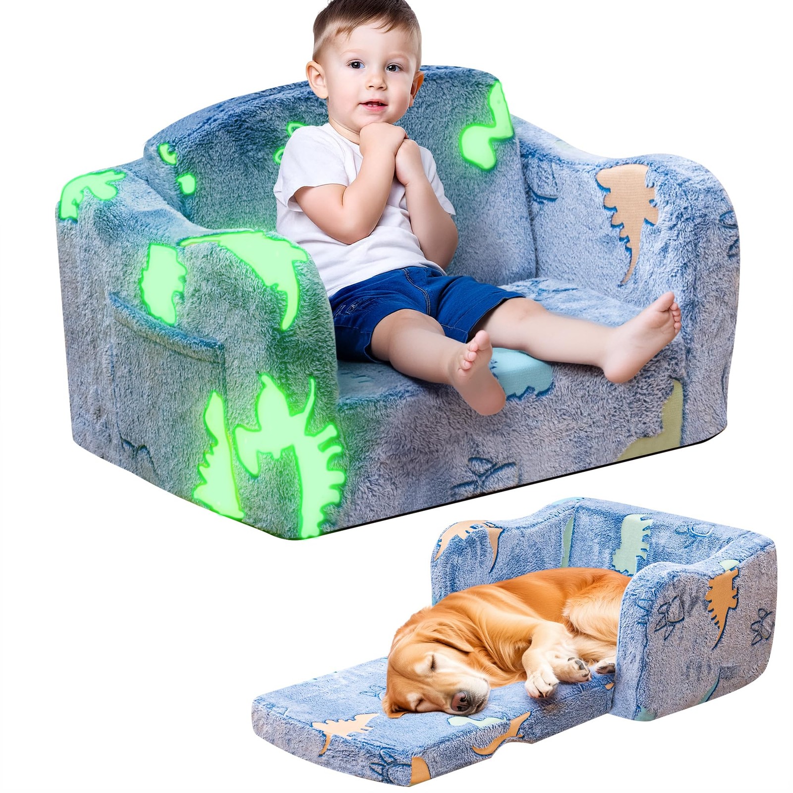 2-in-1 Toddler Couch,Glow in The Dark Baby Floor Bed,Foldable Toddler Chair K...