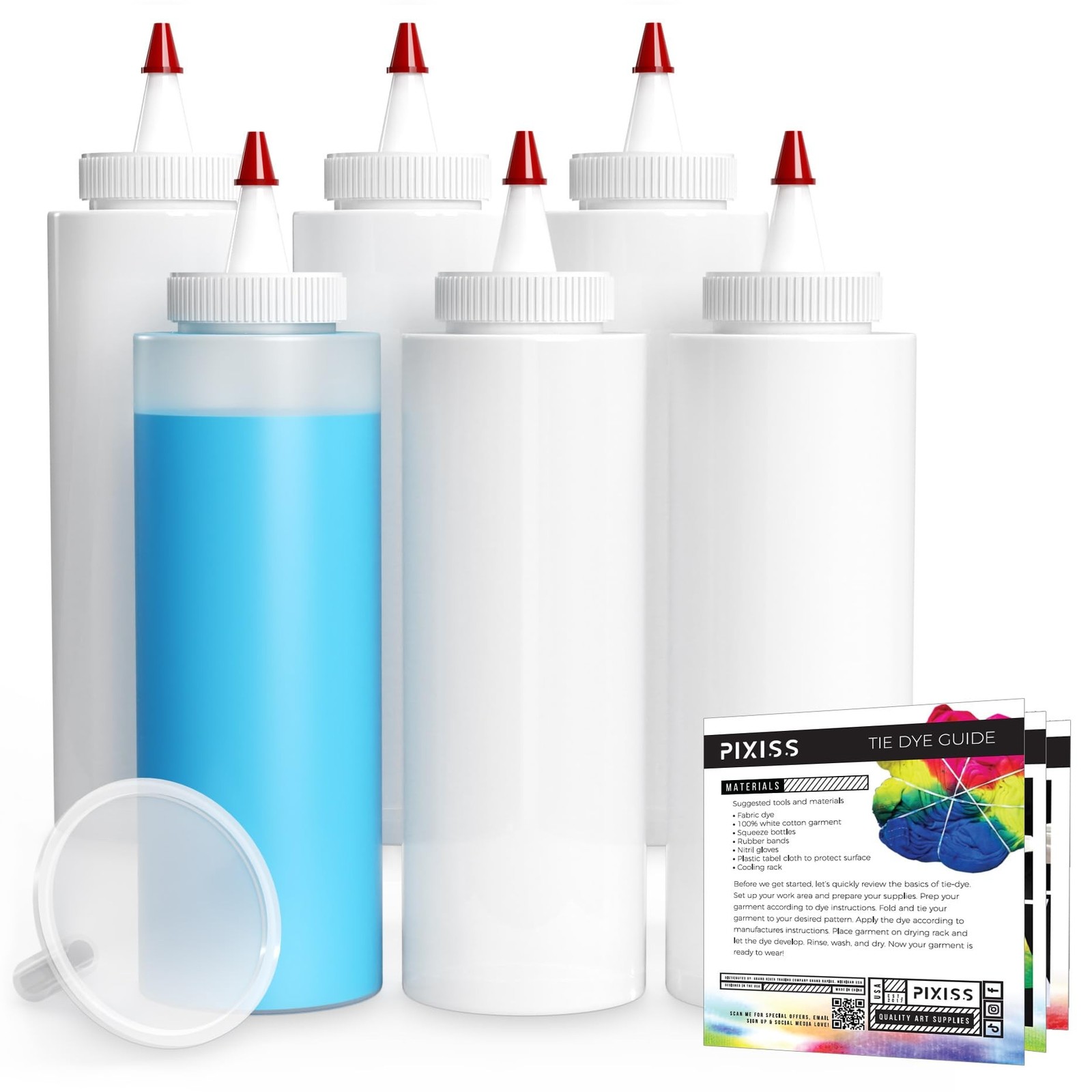 Pixiss Tie Dye 8oz Squeeze Bottles (6 Pack) with 2" Funnel - Precise Dispense...