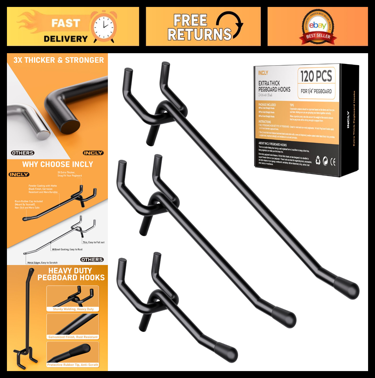 120 Pack Heavy Duty Black Pegboard Hooks 2/4/6 Inch Tool Hangers for Garage, Cra