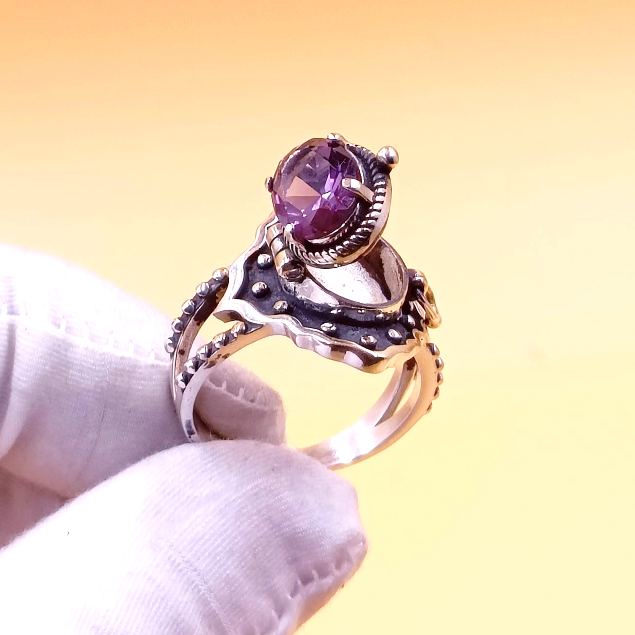 Handmade Amethyst Gemstone Poison Ring, 925 Sterling silver Jewelry Box Ring.