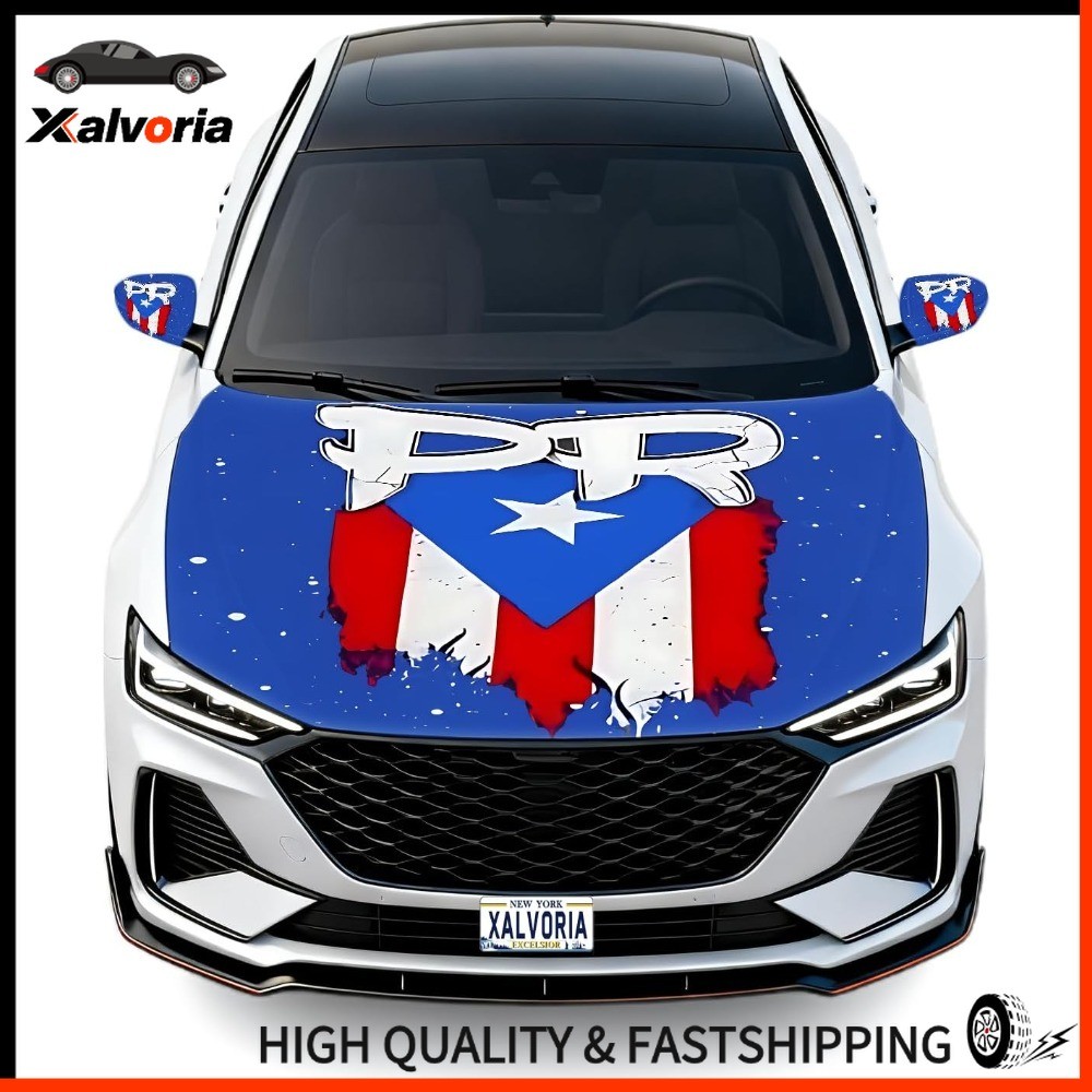 PR Letters & Starry Design Puerto Rico Flag Car Hood & Mirror Covers Set