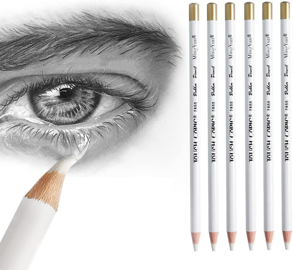 Eraser Pencils Set for Artists, Wooden Sketch 1 Count (Pack of 6), white
