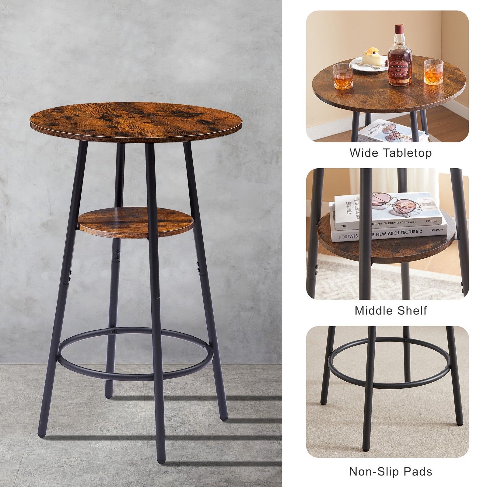 Round bar stool set with shelves, stool with backrest Rustic Brown, 23.6'' Dia