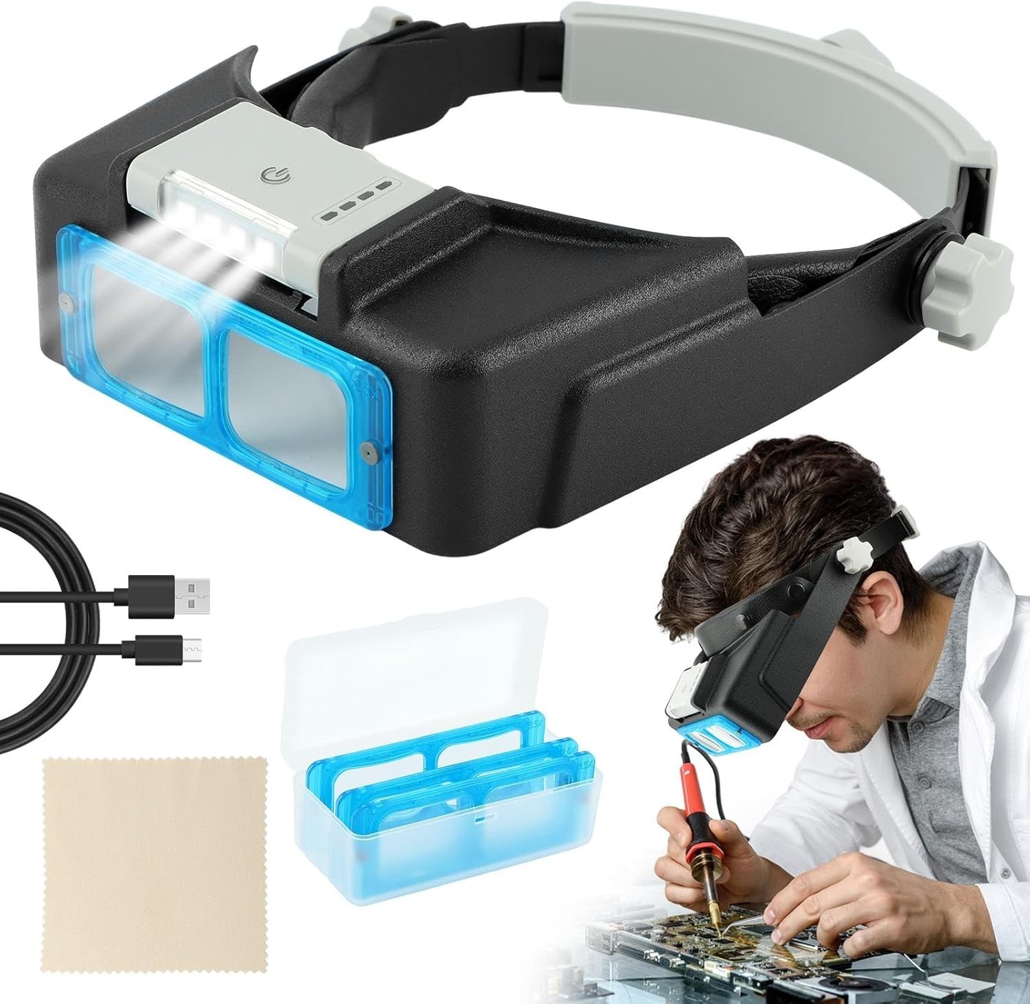 Headband Magnifier with Light,Rechargeable Magnifying Glasses for Close Work NEW