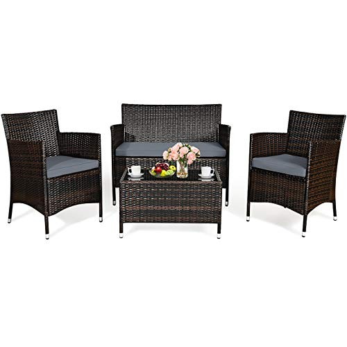 4 Pieces Patio Sofa Set Rattan Wicker Furniture Patio Conversation Set with C...