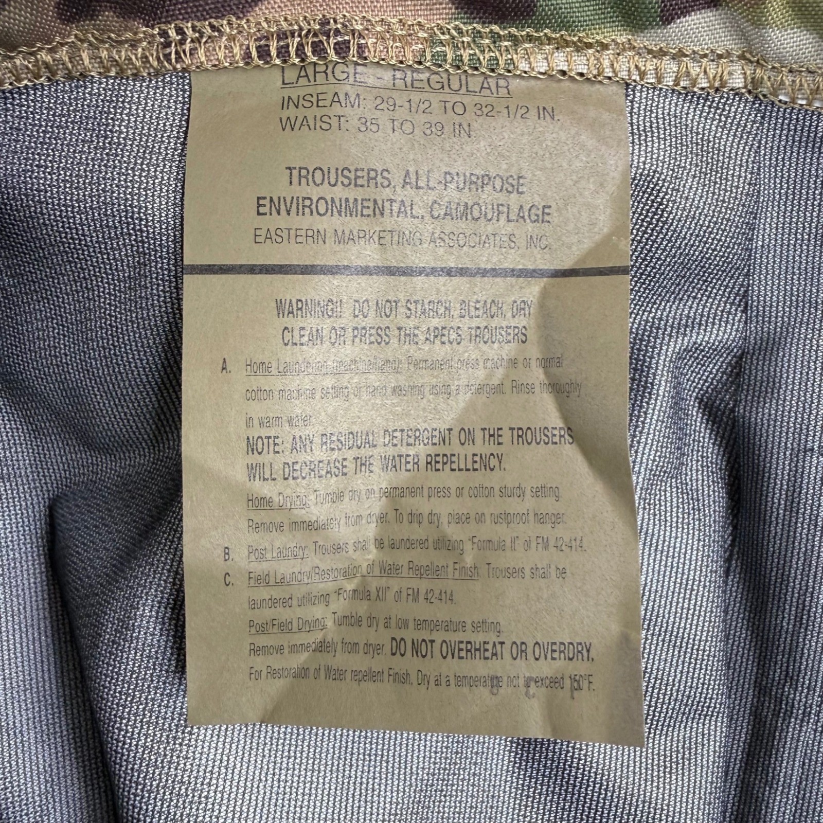 Military Pants Mens Large Regular Multicam All Purpose Gore-Tex Environmental